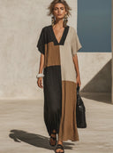 Women's Casual Vacation-Style Loose-Fit, V-Neck, Short Sleeve Cotton-Linen Patchwork Maxi Dress ZMZ2570E9ZYY