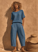Women's Bohemian-Style Loose Linen Top And Casual Cropped Pants Set ZMZ0251G0XT