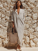 Women's Retro Casual Vacation Style Cotton Linen Striped Loose Short-Sleeve Maxi Dress ZMZ2041E5ZJY