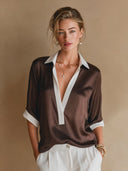 Women's Satin V-Neck Color-Block Short-Sleeve Shirt ZMZ1096H6XT