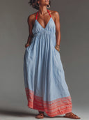 Women's Vacation Style Linen-Cotton Halter Neck Striped Hem Maxi Dress With Pockets ZMZ2496D4YZH
