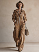 Women's Classic Camel Corduroy Zip-Front Jumpsuit ZMZ2172H0SWL
