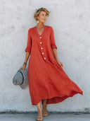 Women's Vacation Casual V-neck Cotton Linen Midi Dress ZMZ2287G3SWL