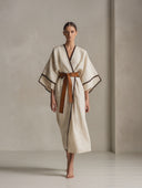 Contrast-Trim Kimono Sleeve Wrap Maxi Dress with Belt