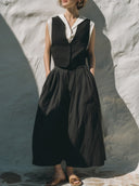 Women's Minimalist Old Money Style Linen-Cotton V-Neck Vest, Sleeveless Shirt & Wide-Leg Culottes Three-Piece Set ZMZ2170E2YZH
