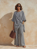 Women's Plaid Twist-Front Top And Wide-Leg Pants Two-Piece Set ZMZ1843H9XT