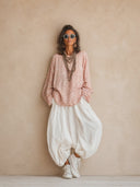 Women's Vintage Casual Striped Print Crew Neck Top And Cotton-Linen Pants Set ZMZ0599H1ZJY