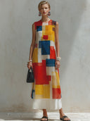 Women's Fashion & Casual Artistic Print Chiffon  Round Neck, Sleeveless, Maxi Dress ZMZ2130E2ZYY