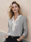 Women's Fashion Striped Floral Lace Collar Long-Sleeved Top ZMZ2688H7SWL