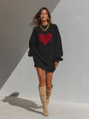 Women's Retro Casual Knitted Heart Round Neck Long Sleeve Mini Sweater Dress ZMZ2896G9ZJY