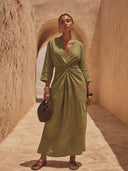 Women's Solid-Color V-Neck Cut-Out Linen Maxi Dress ZMZ1014H4XT