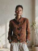 Women's Vintage Western-Style Faux Suede Jacket With Stand Collar And Toggle Fastenings ZMZ1788I2ZYY