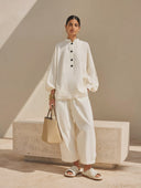 Women's Cotton-Linen Mandarin Collar Top And Wide-Leg Pants Two-Piece Set ZMZ1045H6XT