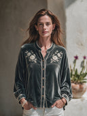 Women's American Retro Casual Stand-Collar Long-Sleeve Embroidered Velvet Shirt ZMZ1706I5ZYY
