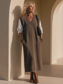 Women's Classic Retro Casual Loose-Fit V-Neck Knit Dress (Faux-Layered Style) ZMZ2443H5ZYY