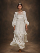 Boho Crochet Yoke Balloon Sleeve Tiered Maxi Dress