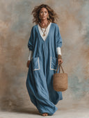 Women's French-style Relaxed-fit Blue V-neck Cotton-linen Maxi Dress ZMZ3183H6XT