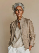 Women's Stand-Collar Zip-Front Linen Biker Jacket ZMZ1344H5XT