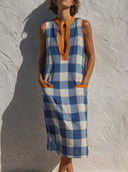 Women's Vacation Casual Style Cotton-Blend Gingham Check Contrast Trim Sleeveless Shift Midi Dress ZMZ0176F0YZH