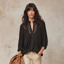 Women's Black Lace-trimmed Long-sleeved Shirt ZMZ0720I4XT
