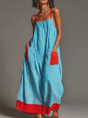 Women's Vacation Style Linen-Cotton Striped Color Block Spaghetti Strap Maxi Dress With Pockets ZMZ2409D1YZH