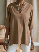 Women V‑Neck 3/4 Sleeve Tunic Top, Side Slit Loose Tunic Blouse, Casual Office Wear ZMZ0456H9YZH