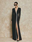 Women's Fashion Long-Sleeved V-Neck Color-Blocked Striped High-Slit Maxi Dress ZMZ1890H6XT