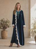 Women's French-style Elegant Velvet Ruffled Details, Round Neck, And Long Sleeves Loose Maxi Dress ZMZ2143H2ZYY