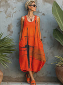 Women's Street-Style Casual Orange Patterned Sleeveless Midi Dress ZMZ2089E7SWL