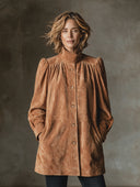 Women's Retro Casual Camel Suede Puff Sleeve Stand Collar Jacket ZMZ0318I1XT