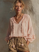 Women's Solid-Color Cotton Ruffled V-Neck Long-Sleeve Shirt ZMZ2684F3XT