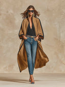 Women's Camel Contrast Trim Kimono Cape Long Coat ZMZ0750I3XT