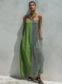 Women's Casual Vacation-Style Loose-Fit, Green Cotton-Linen Blend With Black & White Striped Panel And Spaghetti Straps Maxi Dress ZMZ1571E2ZYY