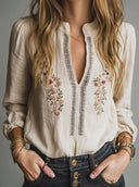 Women's Retro Casual Floral Embroidered Cotton Stand Collar Long-Sleeve Shirt ZMZ0998G5ZJY