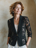 Women's Stylish Slim-Fit Black Blazer With Lace Paneling, Three-Quarter Sleeves, And Single-Button Closure ZMZ0354I3SWL