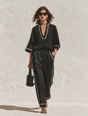 Women's French-style Relaxed V-neck Color-blocked Trim Blouse And Wide-leg Trousers Two-piece Set ZMZ2523H9XT