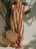 Women's Coastal Style Linen-Blend Vertical Stripe Sleeveless V-Neck Pocket Maxi Dress ZMZ0584F1YZH