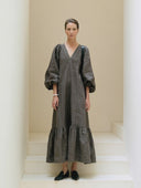 Women's French-style Minimalist Cotton-linen V-neck Lantern-sleeve Loose Maxi Dress ZMZ2413G1ZYY