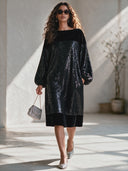 Women's Formal Party Dress: Velvet And Sequin Panel Design, Crew Neck, Lantern Sleeves ZMZ0192I0ZYY