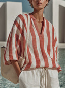 Women's Casual Cotton Linen Stripe Notch Neck Oversized Blouse ZMZ1013F9YZH