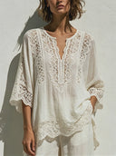 Women's Bohemian Resort Style Cotton-Lace Trimmed V-Neck Three-Quarter Sleeve Tunic ZMZ0185F8YZH