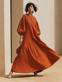 Women's French-style Elegant Round Neck And Lantern Sleeves Cotton-linen Loose Maxi Dress ZMZ2735G9ZYY