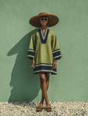 Women's Cotton Linen V-neck Bell Sleeve Color-blocked Mini Dress ZMZ1761H4XT