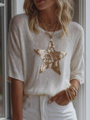 Women's Retro Casual Sequin Star Round Neck Knitted Short-Sleeve Sweater ZMZ0798H1ZJY