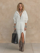 Women's Classic Casual Ribbed With Hood V-Neck Zip-Up Long-Sleeve Loose Maxi Dress ZMZ1086H9ZYY