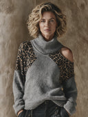 Women's Retro Leopard Print Color-Block Turtleneck Off-Shoulder Sweater ZMZ2522H2XT