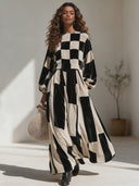 Women's Elegant Premium Velvet Maxi Dress With Lantern Sleeves And Mixed Prints (Plaid & Stripes) ZMZ0810I2ZYY