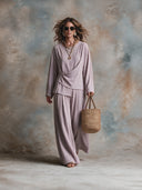 Women's French-style Loose-fitting Textured Knotted Front Top And Wide-leg Trousers Set ZMZ0389I1XT