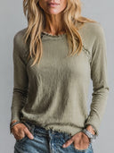 Women's Retro Casual Cotton Frayed Edge Round Neck Long Sleeve T-shirt ZMZ0772H2ZJY