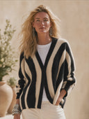 Women's Classic Elegant Casual Vertical-Stripe V-Neck Button-Front Knit Cardigan ZMZ2405H0ZYY